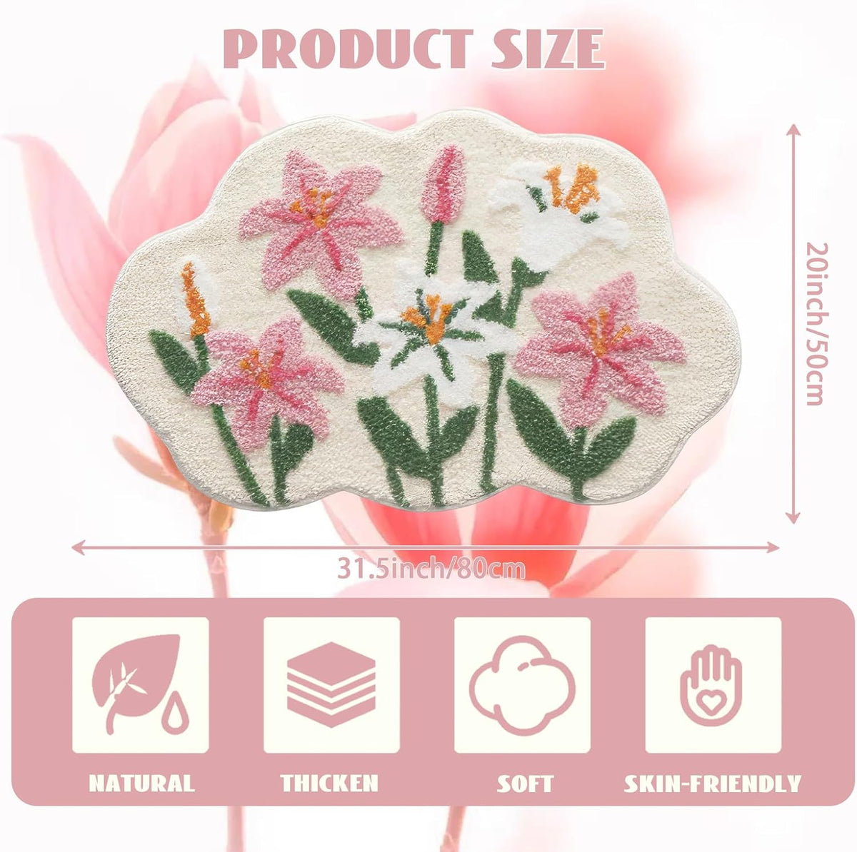 Cloud-Shaped Lily Bath Mat, Soft Non-Slip Fluffy Fresh Flowers Bathroom Rug, Ultra Absorbent Microfiber Shaggy Door Mat, Machine Washable Bath Rug Carpet for Bathtub Bedroom 20x31 Inch (White)