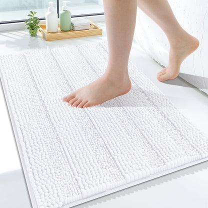 Grandaily Chenille Striped Bathroom Rugs 36x24, Extra Thick and Absorbent Bath Mats, Non-Slip Soft Plush Shaggy Shower Carpet, Machine Wash Dry, Bath Rug for Bathroom, (Large, Light Grey)