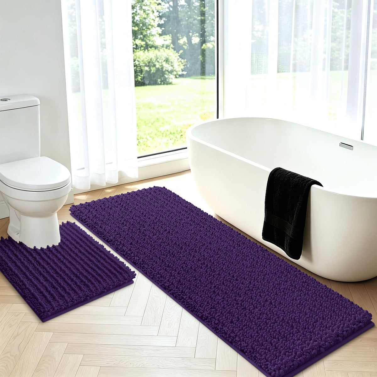 ACCUMTEK Upgrade Extra Large Black Bathroom Rug Set 3 Pieces Ultra Soft, Thick Absorbent Bath Mats, Non Slip Chenille Toilet Mat for Bathroom, Bedroom, Kitchen