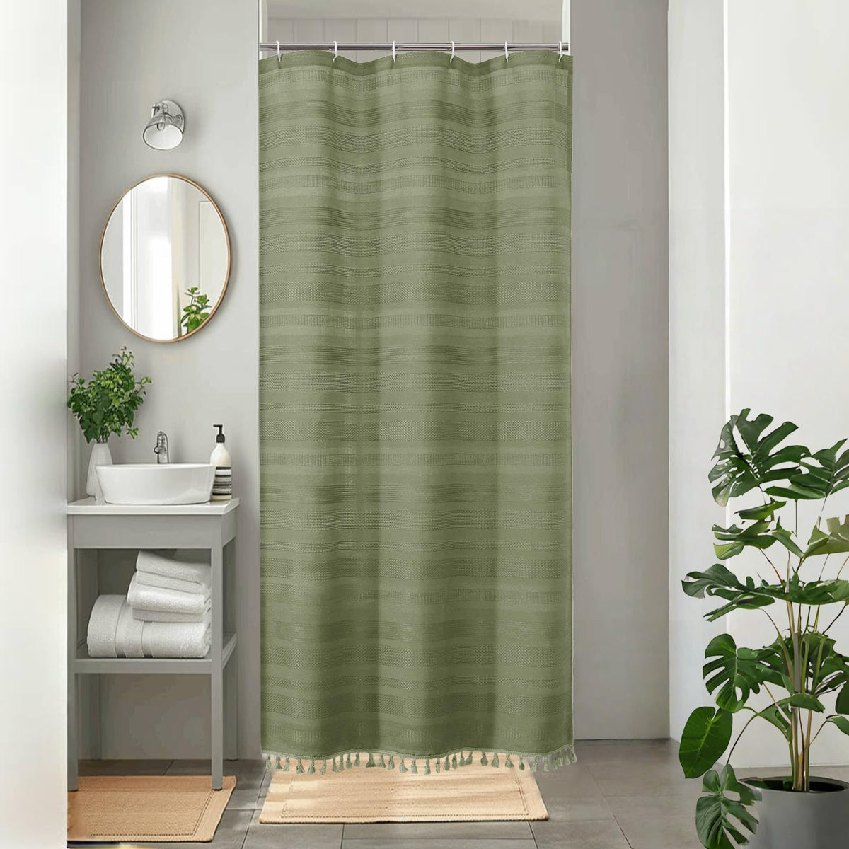 OVZME Sage Green Shower Curtain for Bathroom, Boho Linen Textured Shower Curtain with Tassel, Rustic Striped Heavy Duty Vintage Country Bathroom Curtain, 72Wx72L Inches