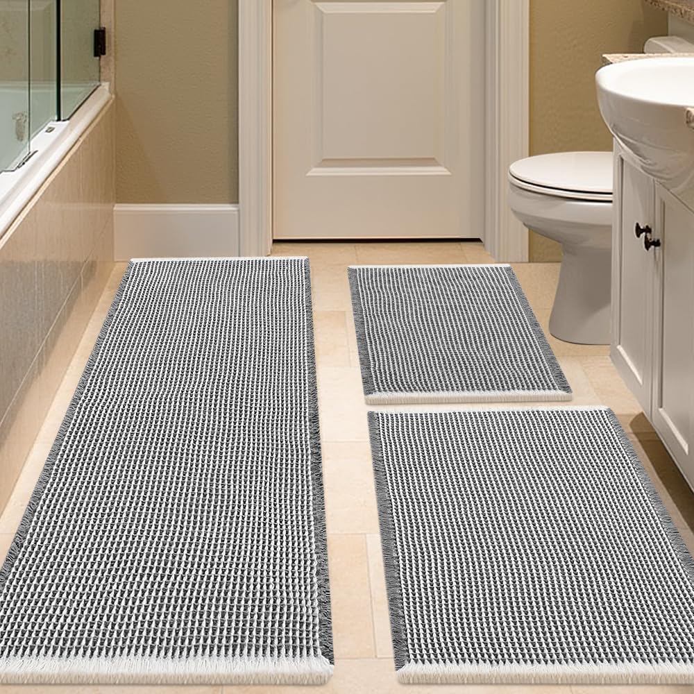 IM HOME Waffle Bath Mat Beige 32"x20", Boho Woven Modern Bath Mat Rugs, Absorbent Non Slip Bathroom Rugs, Soft Washable Bath Rugs with Tassels for Bathroom, Bedroom, Kitchen, Shower, Tub