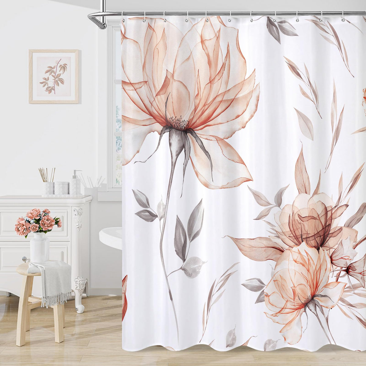 Blue Boho Floral Shower Curtain, Watercolor Botanical Design, 72 x 72
