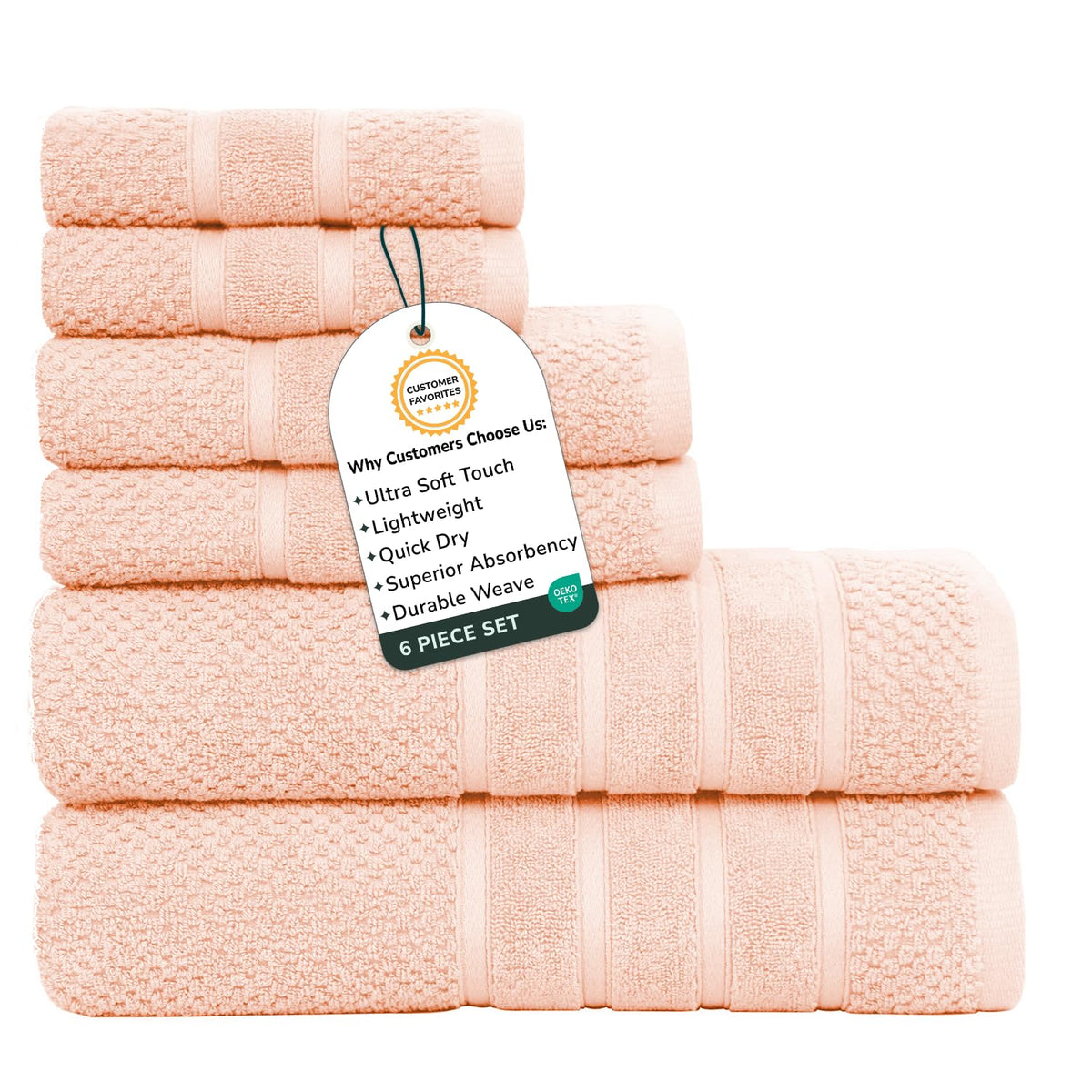 Feather & Stitch 100% Cotton 625 GSM Bath Towel Set of 6, Ultra Soft Highly Absorbent 2 Bath Towels, 2 Hand Towels & 2 Washcloth - Luxury Quick Dry Shower Towels (Ivory)