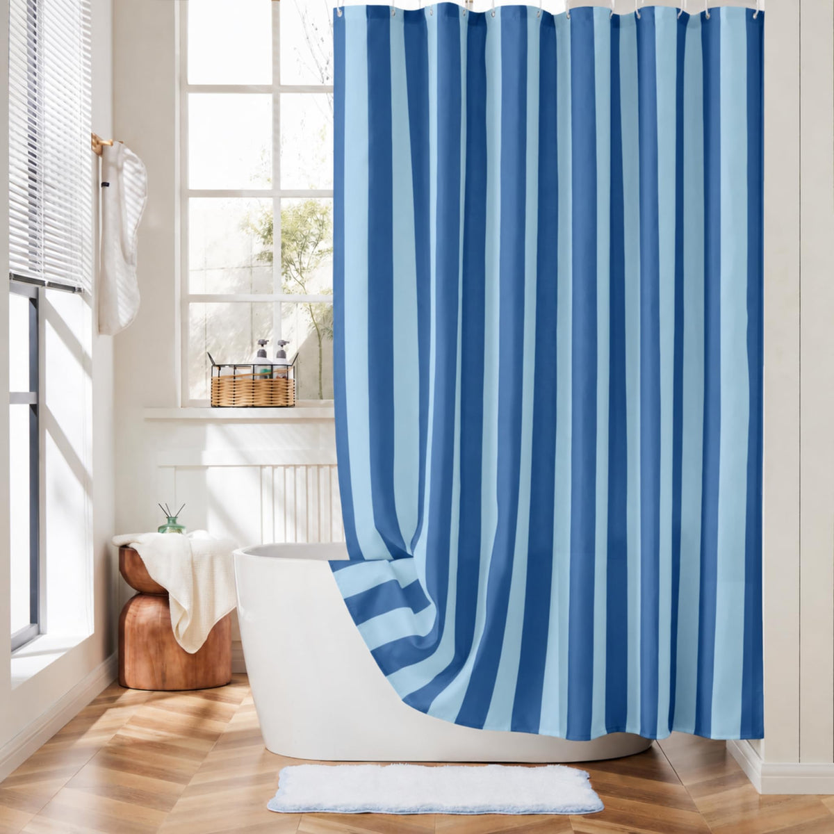 Ohocut Vertical Striped Shower Curtain, Cute Retro Vintage Blue Stripe Bathroom Shower Curtain, Waterproof Polyester Fabric Modern Bath Curtain for Bathroom 72x72 Inches Blue
