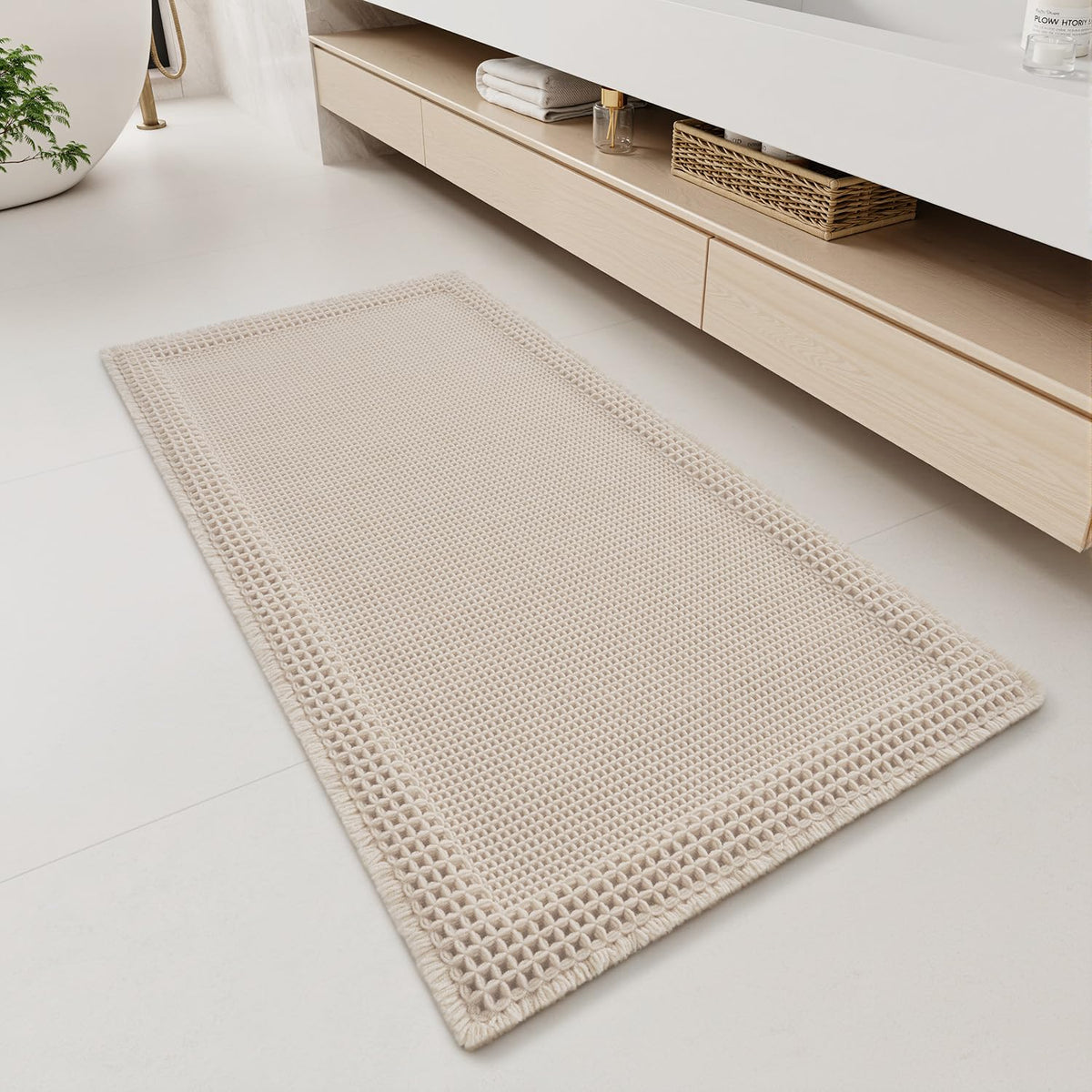 RESARE Waffle Bathroom Runner Rugs, Non Slip Boho Bath Mat 24"x72" Brown