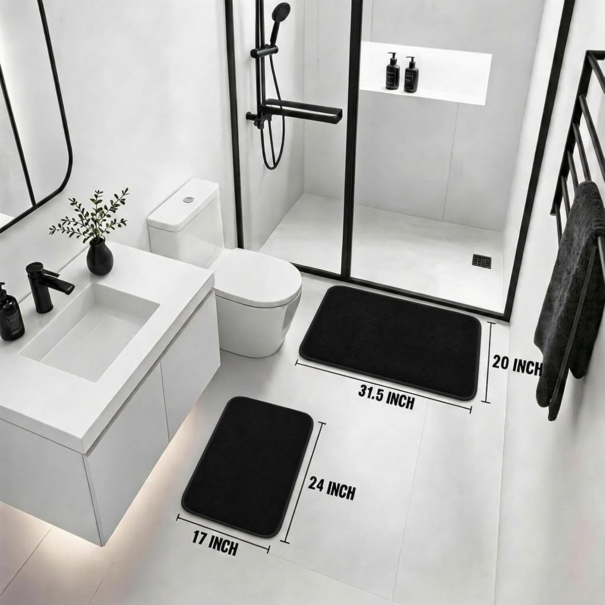 Bathroom Rugs Set 2 Piece Non Slip Soft Absorbent Plush Bath Mats(Black)