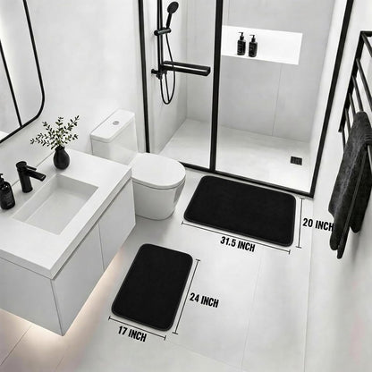 Bathroom Rugs Set 2 Piece Non Slip Soft Absorbent Plush Bath Mats(Black)