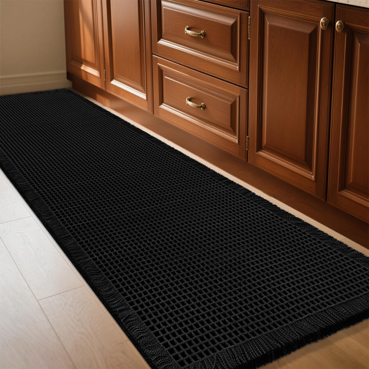 IM HOME Waffle Bath Mat Beige 32"x20", Boho Woven Modern Bath Mat Rugs, Absorbent Non Slip Bathroom Rugs, Soft Washable Bath Rugs with Tassels for Bathroom, Bedroom, Kitchen, Shower, Tub
