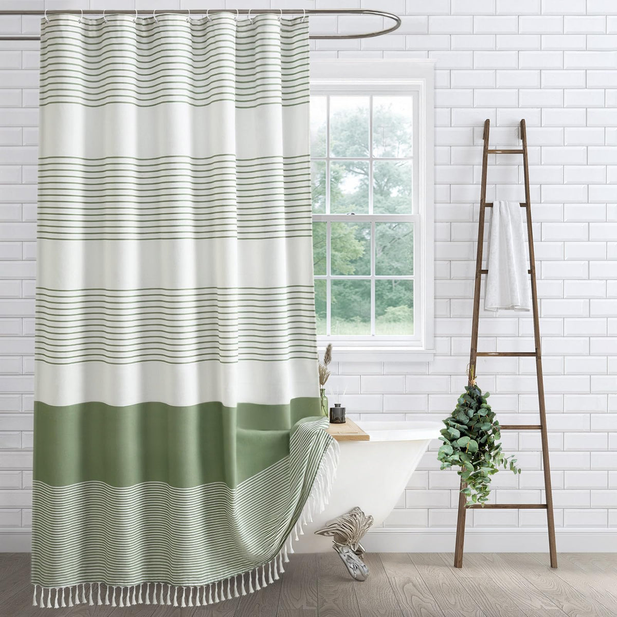 Sage Green Boho Cotton Striped Shower Curtain with Tassel 72"W X 72"L