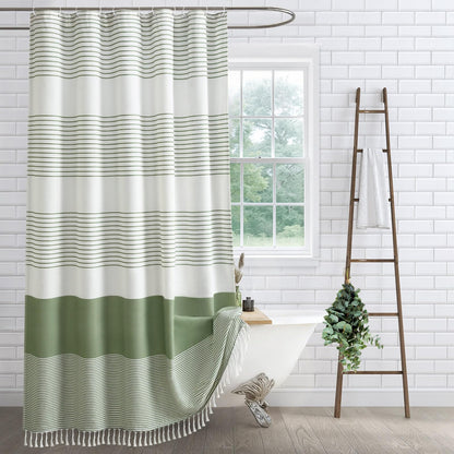 Sage Green Boho Cotton Striped Shower Curtain with Tassel 72"W X 72"L