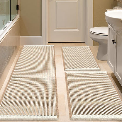 IM HOME Waffle Bath Mat Beige 32"x20", Boho Woven Modern Bath Mat Rugs, Absorbent Non Slip Bathroom Rugs, Soft Washable Bath Rugs with Tassels for Bathroom, Bedroom, Kitchen, Shower, Tub