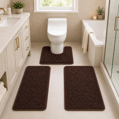 Bathroom Rugs Set Non Slip 3 Piece Bath Mat Washable Chenille Bath Rugs with PVC Backing Bath Carpet,Absorbent Bathroom Mats with Toilet Rug,Bath Mats for Bathroom,Bedroom, Kitchen,Tub,Home Decor