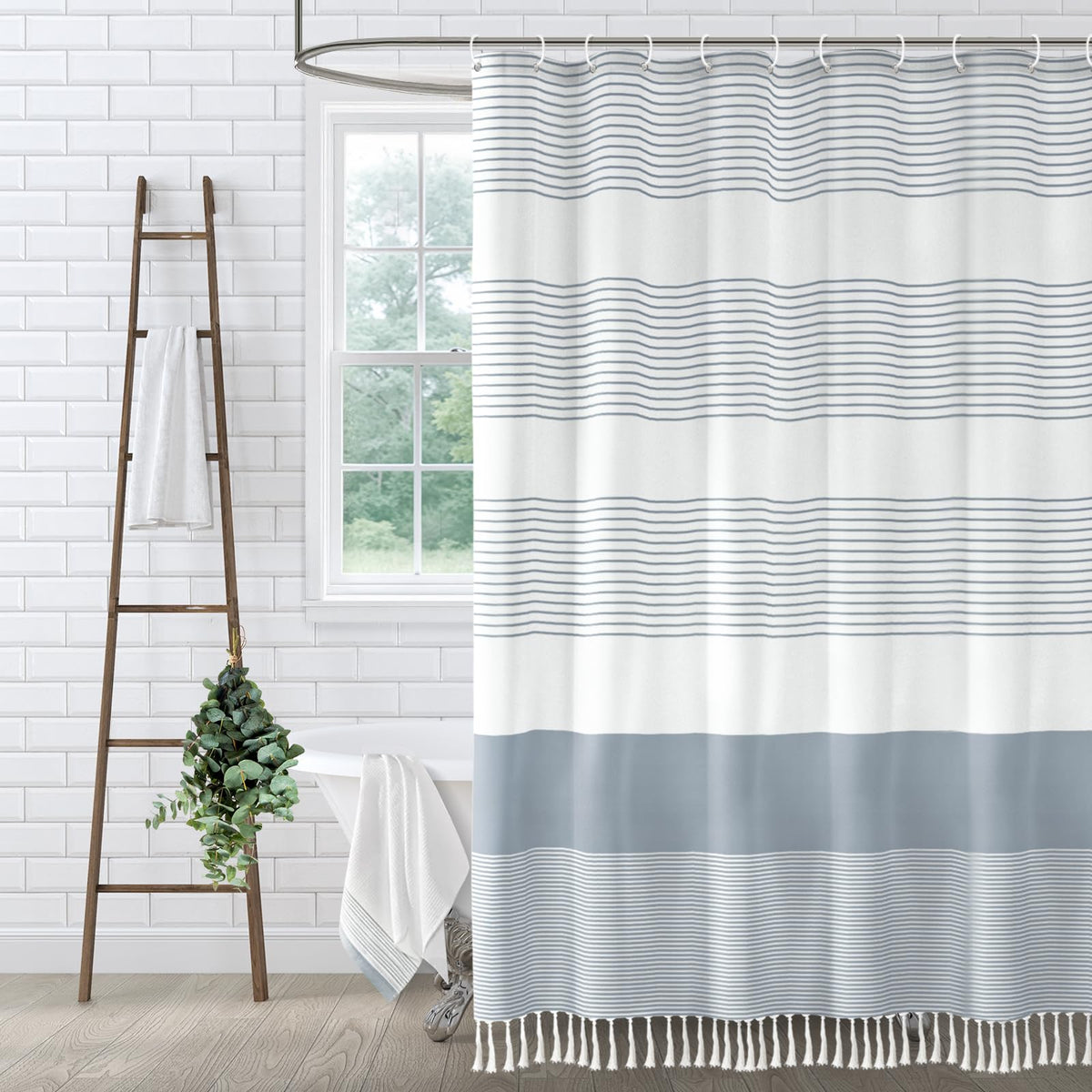 Sage Green Boho Cotton Striped Shower Curtain with Tassel 72"W X 72"L