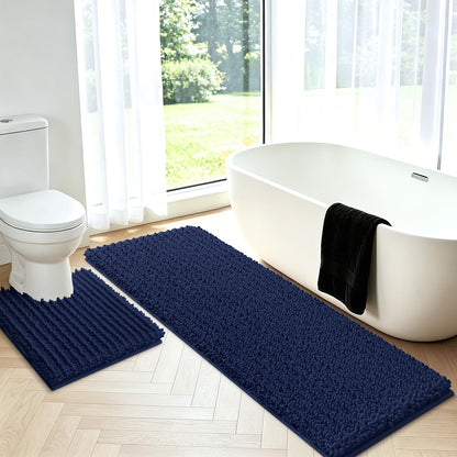 ACCUMTEK Upgrade Extra Large Black Bathroom Rug Set 3 Pieces Ultra Soft, Thick Absorbent Bath Mats, Non Slip Chenille Toilet Mat for Bathroom, Bedroom, Kitchen