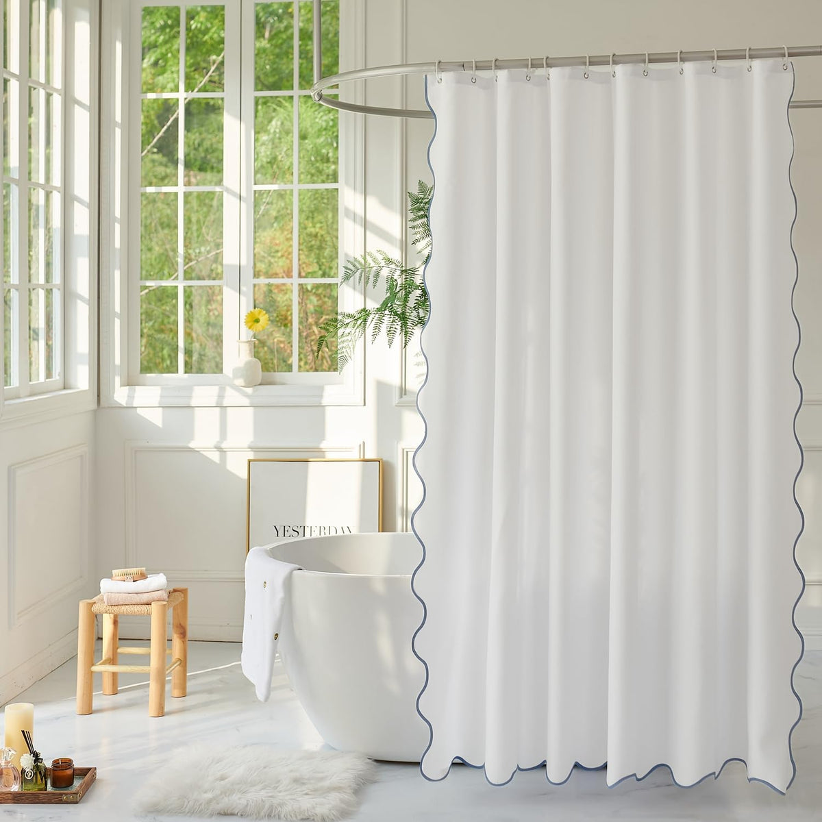 White Fabric with Water Blue Scalloped Border Shower Curtain,Boho Chic Cloth Shower Curtain for Bathroom Showers,72 x 72 Inches