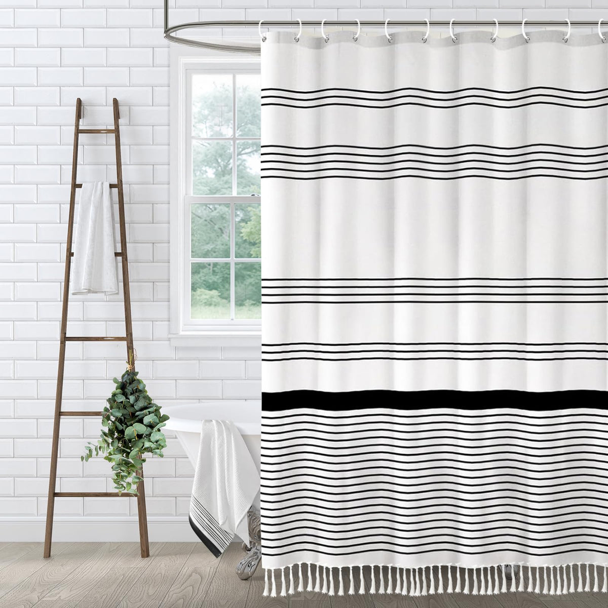 Sage Green Boho Cotton Striped Shower Curtain with Tassel 72"W X 72"L