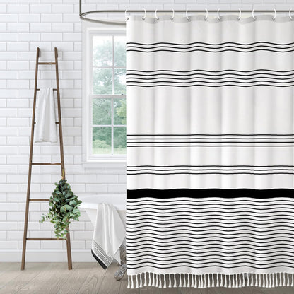 Sage Green Boho Cotton Striped Shower Curtain with Tassel 72"W X 72"L