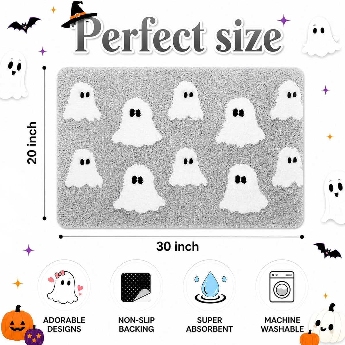 TRUEDAYS Halloween Ghost Bathroom Rug, Cute Tufted Bath Mat, Grey