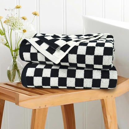 Jacquotha Black and White Checkered Cotton Bath Towels Set of 2