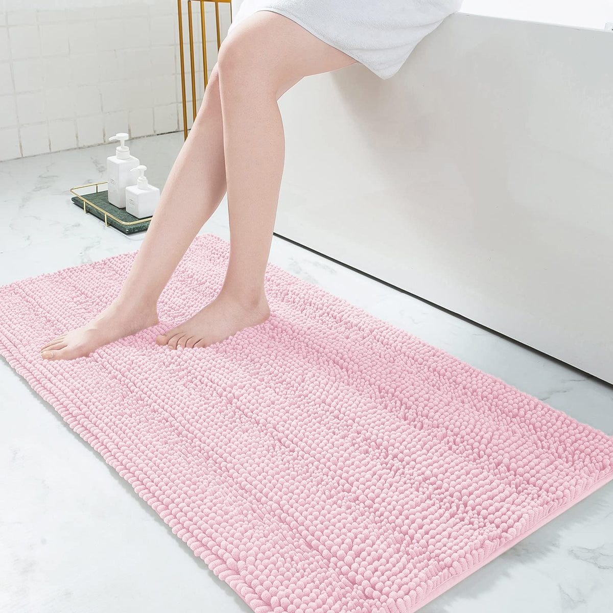 Grandaily Chenille Striped Bathroom Rugs 36x24, Extra Thick and Absorbent Bath Mats, Non-Slip Soft Plush Shaggy Shower Carpet, Machine Wash Dry, Bath Rug for Bathroom, (Large, Light Grey)