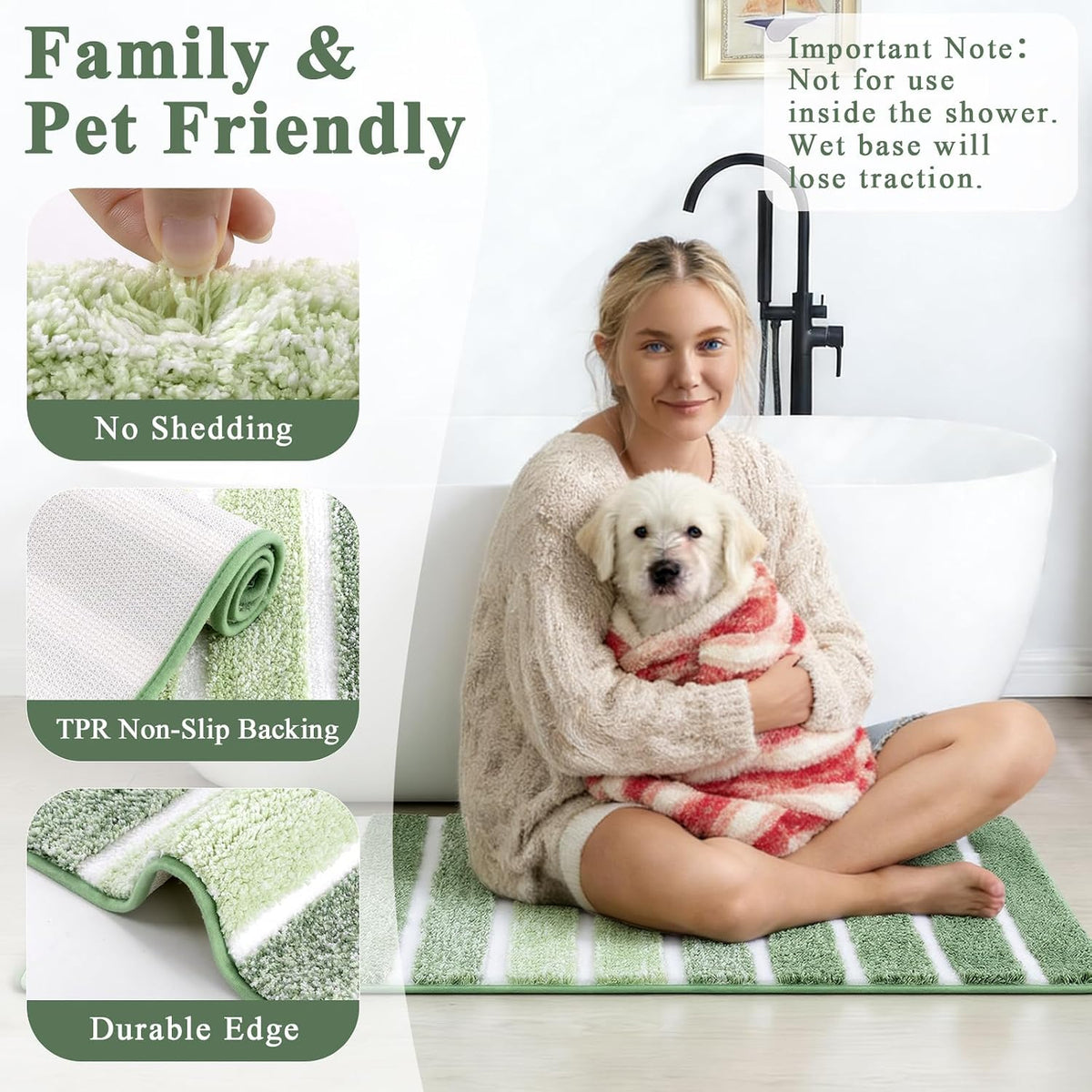 Yamaziot Sage Green Bathroom Rug Set 5 Piece Washable Non Slip Striped Mat