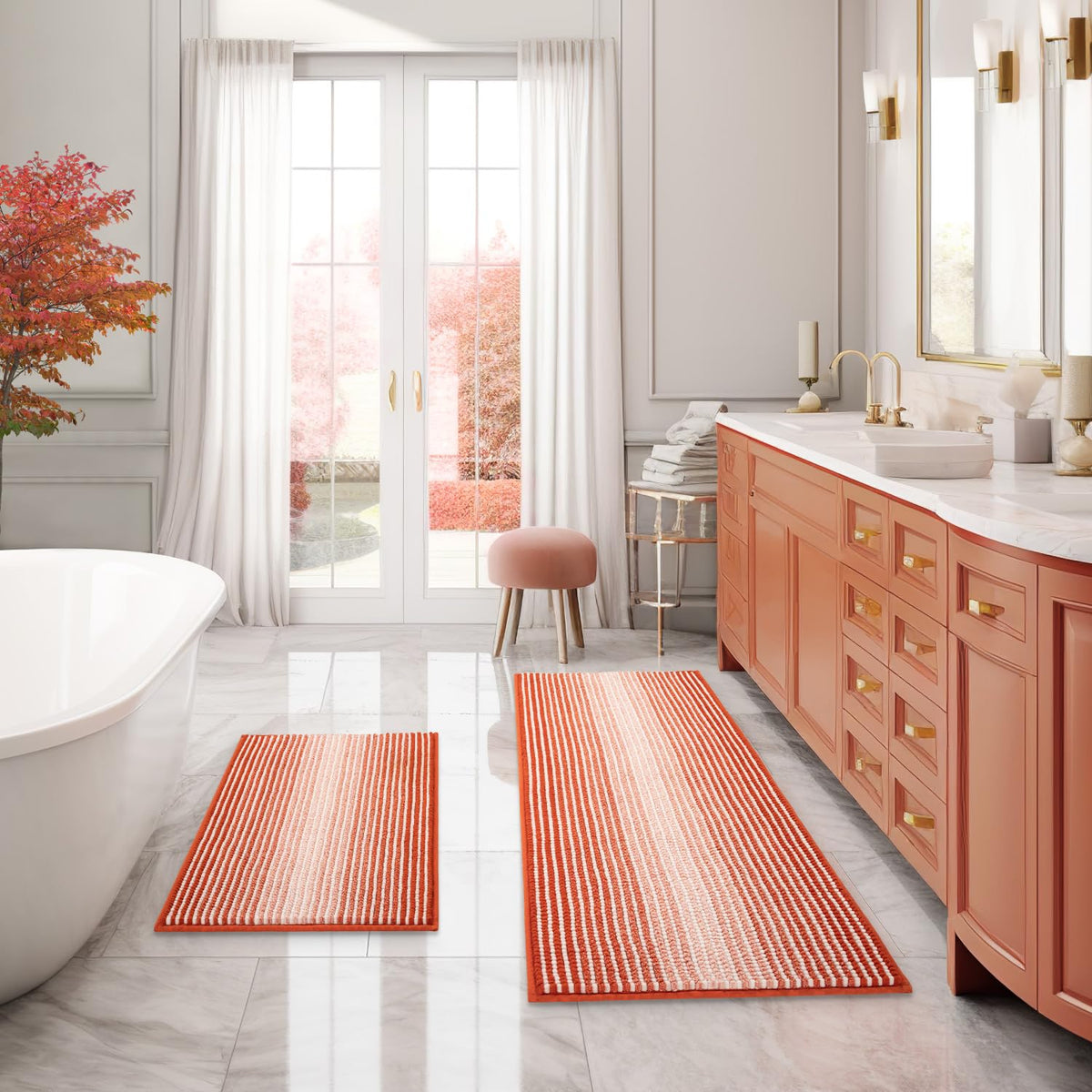 BSICPRO Bathroom Rugs Sets 2 Piece, Non Slip Striped Bath Mats, Fog Blue