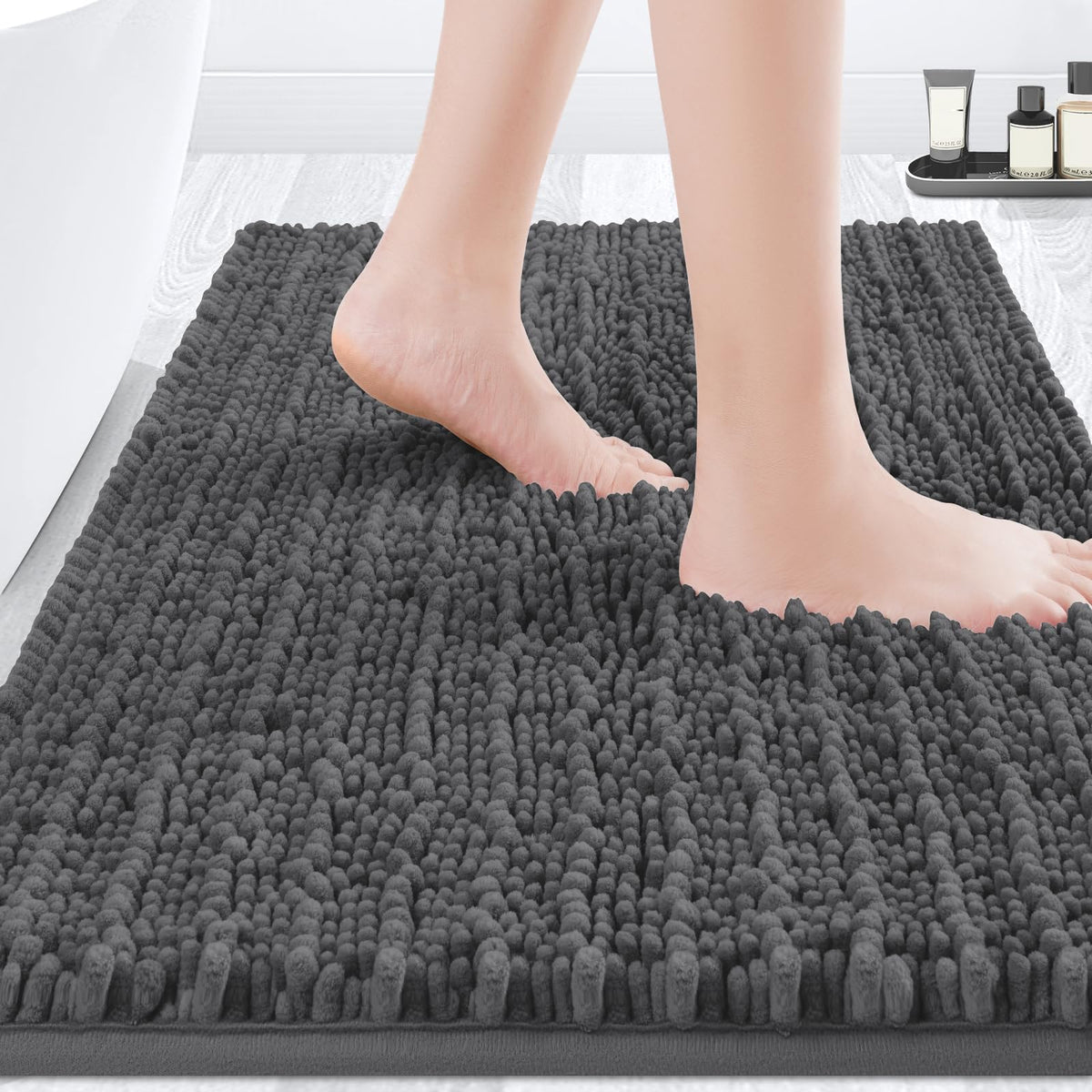 ACCUMTEK Upgrade Extra Large Black Bathroom Rug Set 3 Pieces Ultra Soft, Thick Absorbent Bath Mats, Non Slip Chenille Toilet Mat for Bathroom, Bedroom, Kitchen