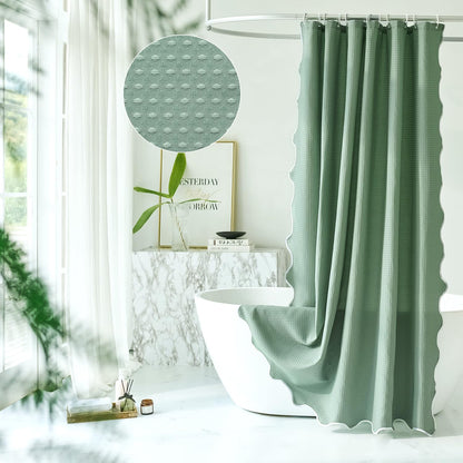 White Fabric with Water Blue Scalloped Border Shower Curtain,Boho Chic Cloth Shower Curtain for Bathroom Showers,72 x 72 Inches