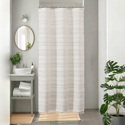 OVZME Sage Green Shower Curtain for Bathroom, Boho Linen Textured Shower Curtain with Tassel, Rustic Striped Heavy Duty Vintage Country Bathroom Curtain, 72Wx72L Inches