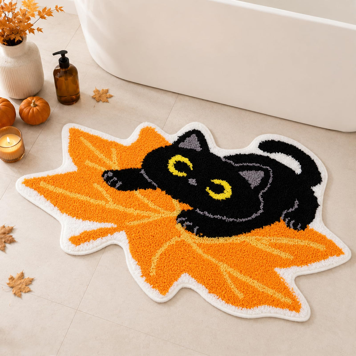 Bathroom Rugs with Green Leaf,Black Cat Monstera Rug
