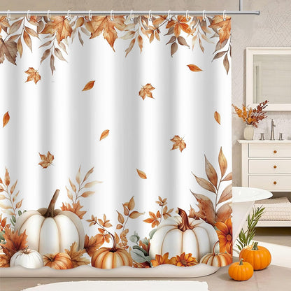 MEHOFOND Fall Pumpkins Maple Leaf Shower Curtain, Autumn Leaves Harvest Thanksgiving Farmhouse Watercolor Seasonal Bathroom Curtain Sets, Waterproof Fabric Bathroom Decor 72 X 72 Inch