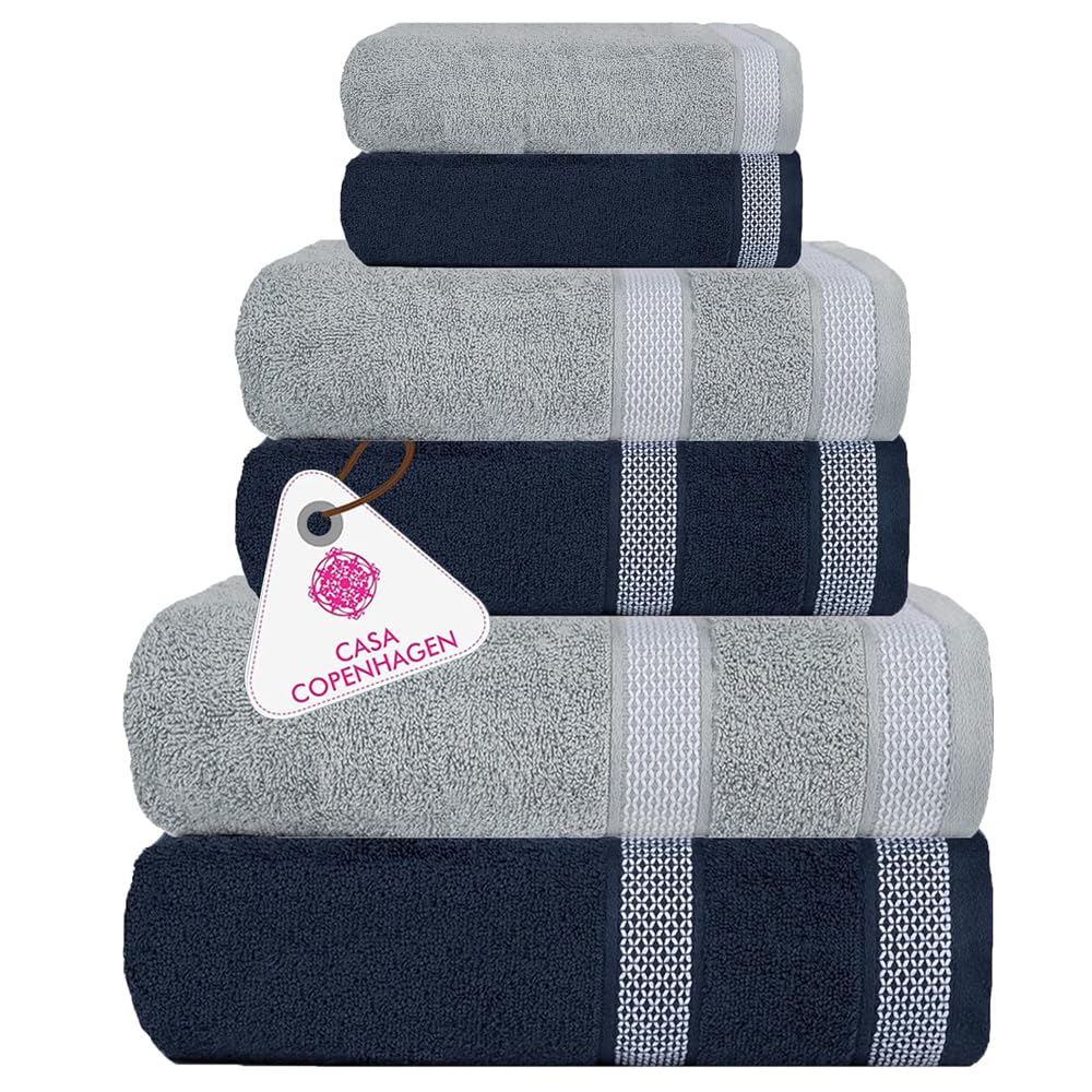 CASA COPENHAGEN Solitaire 6 Pieces Towel Set- Midnight Black, 600 GSM 2 Bath Towel 2 Hand Towel 2 Washcloth, Designed in Denmark Made of Soft Egyptian Cotton for Bathroom, Kitchen & Shower
