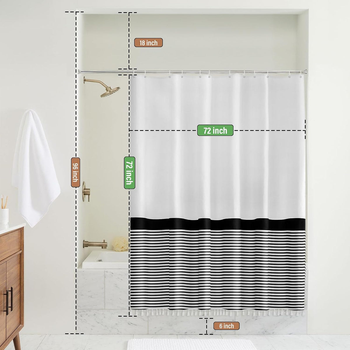 Seasonwood Black and White Shower Curtain Striped with Tassels for Bathroom Decor,Heavy Weighted 72-Inch, 72 x 72