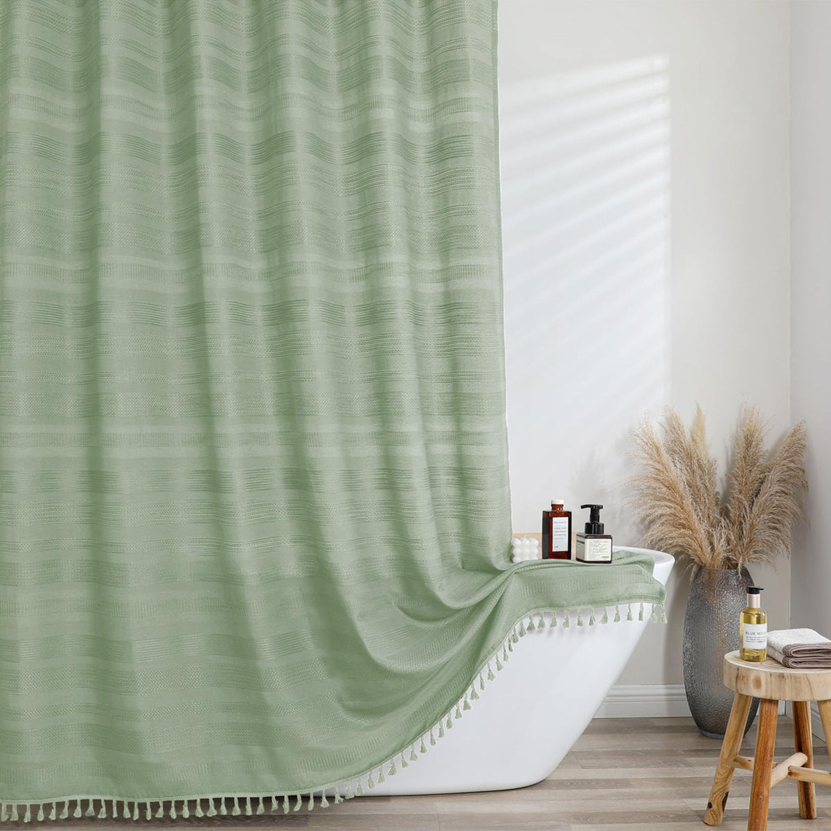 OVZME Sage Green Shower Curtain for Bathroom, Boho Linen Textured Shower Curtain with Tassel, Rustic Striped Heavy Duty Vintage Country Bathroom Curtain, 72Wx72L Inches