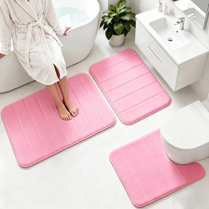 Memory Foam Bath Mat Set 3 Piece，Super Soft Absorbent Bathroom Rug Non Slip, Quick Dry,Machine Wash, Perfect Plush Bathroom Rugs,Home Decor Accessories,Grey