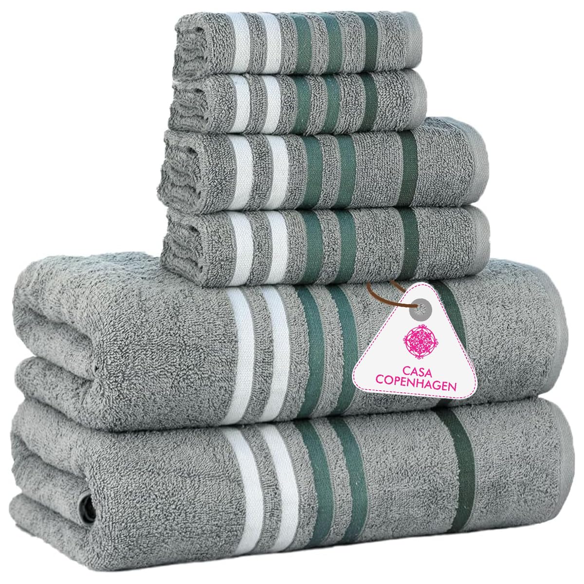 CASA COPENHAGEN Solitaire 6 Pieces Towel Set- Midnight Black, 600 GSM 2 Bath Towel 2 Hand Towel 2 Washcloth, Designed in Denmark Made of Soft Egyptian Cotton for Bathroom, Kitchen & Shower