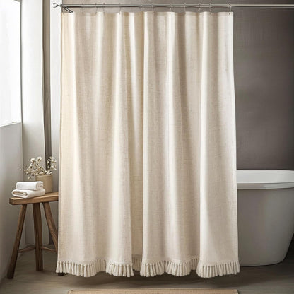 Linen Shower Curtain Boho Beige Shower Curtain with Tassels 72"W x 84"L