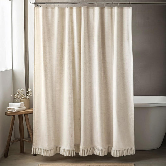 Linen Shower Curtain Boho Beige Shower Curtain with Tassels 72"W x 84"L