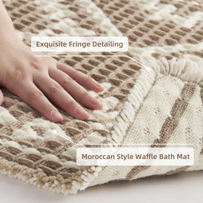 PADOOR-Waffle Bath Mat-Super Absorbent Bath Mats for Bathroom, Machine Washable Non Slip Bathroom Rug with Tassels, Soft Bathroom Mat for Laundry Room, Bedroom, Brown & Cream, 17"x28"