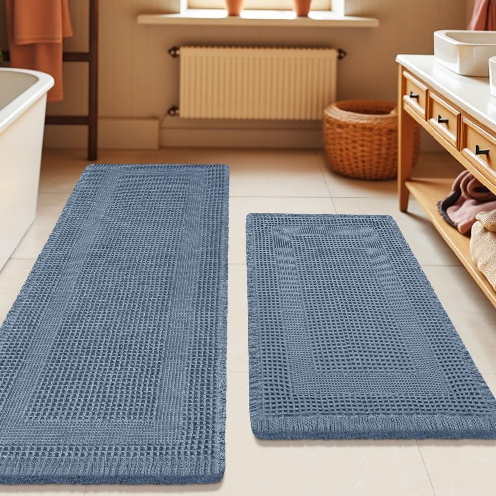Upgrade Waffle Bath Mat Set 2 Piece, Boho Bathroom Rugs Absorbent Non Slip, Ultra Soft Bathroom Mat, Machine Washable Knit Bath Rugs with Herringbones for Bathroom, Bedroom, Kitchen, Shower, White