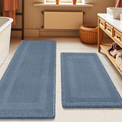 Upgrade Waffle Bath Mat Set 2 Piece, Boho Bathroom Rugs Absorbent Non Slip, Ultra Soft Bathroom Mat, Machine Washable Knit Bath Rugs with Herringbones for Bathroom, Bedroom, Kitchen, Shower, White