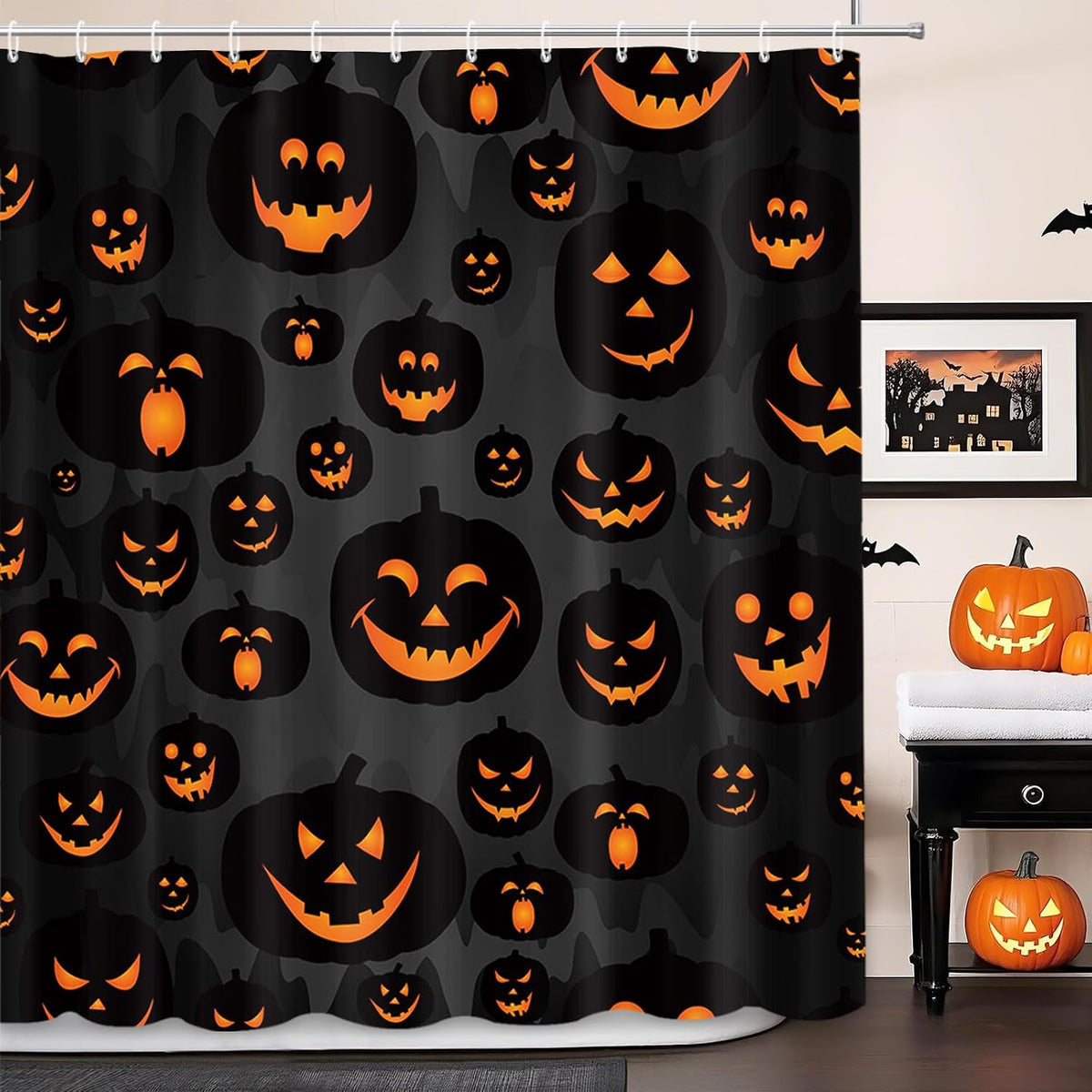 MEHOFOND Halloween Pumpkin Shower Curtain Evil Pumpkin Shower Curtain Black Fall Shower Curtains for Bathroom Decor Washable Durable Fabric Shower Curtains 72x72 inch