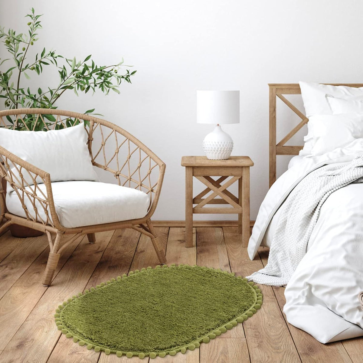 YIRDDEO Oval Rug for Bathroom, Cute Boho Bath Mat with Pom, Olive Green