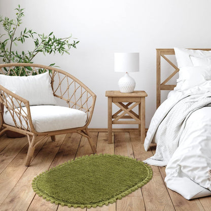 YIRDDEO Oval Rug for Bathroom, Cute Boho Bath Mat with Pom, Olive Green