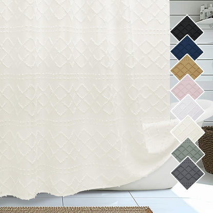 Lecloud White Fabric Shower Curtain 72x72 Inches, Boho Tufted Plaid Striped Shower Curtain Set for Bathroom, Chic Textured Cloth Shower Curtain