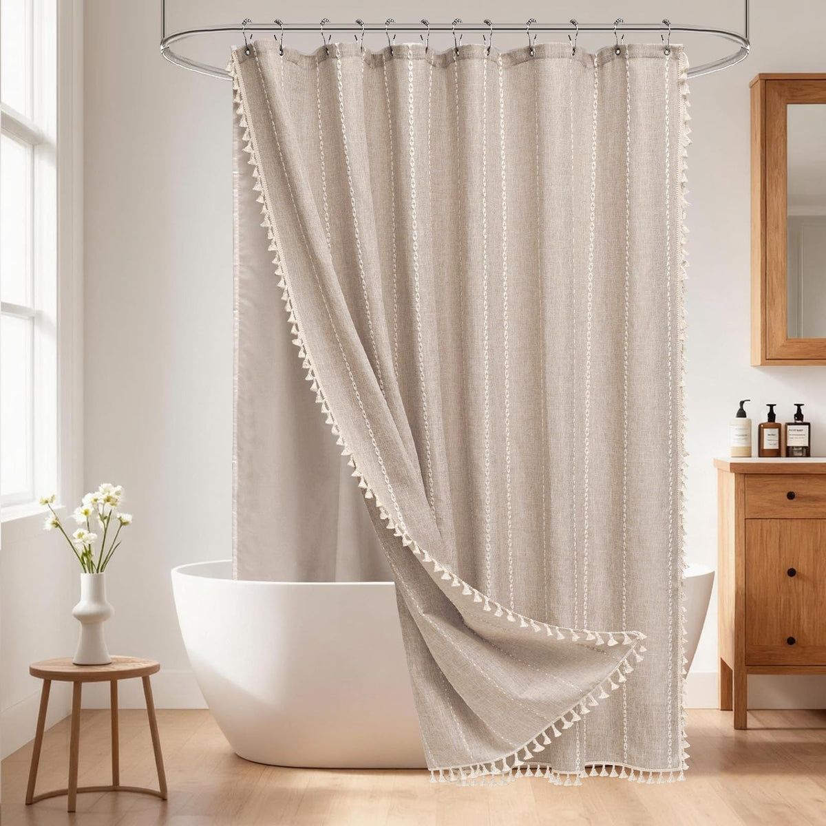 Seenus Boho Farmhouse Linen Shower Curtain with Tassels, Tan Brown Heavyweight Soft Fabric Shower Curtain Striped, 72 x 72 Inch Taupe Water Repellent Rustic Country Bathroom Curtain Wrinkle-Free