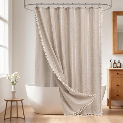 Seenus Boho Farmhouse Linen Shower Curtain with Tassels, Tan Brown Heavyweight Soft Fabric Shower Curtain Striped, 72 x 72 Inch Taupe Water Repellent Rustic Country Bathroom Curtain Wrinkle-Free