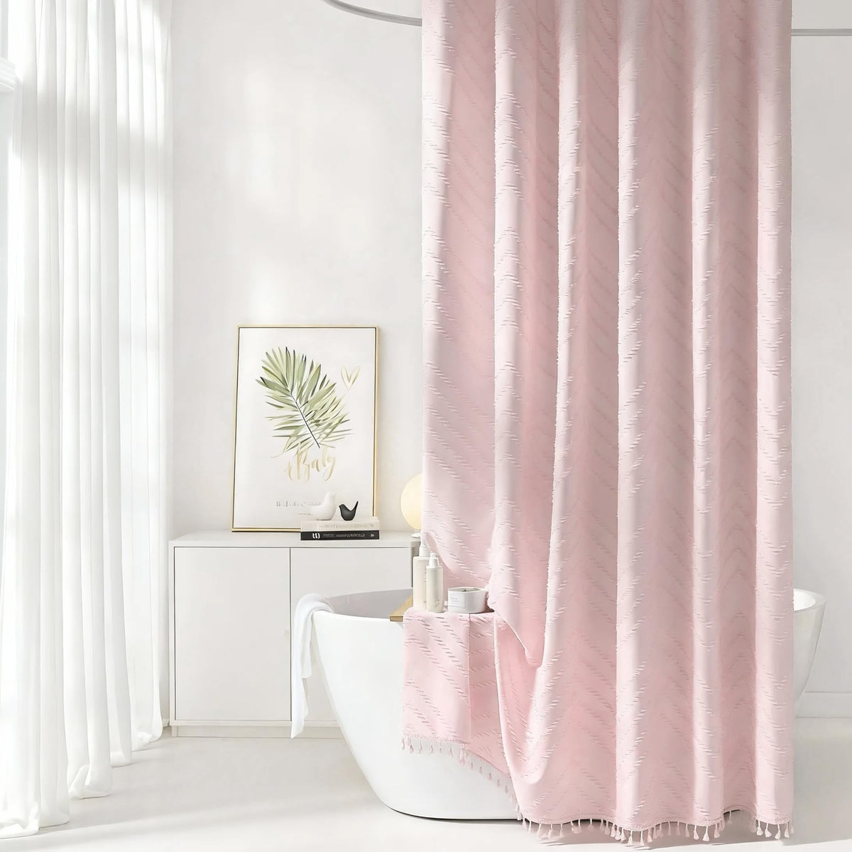 Siiluminisoy White Shower Curtain Fabric Boho Shower Curtain Cloth Textured Tufted Chevron Elegant Shower Curtains Waterproof for Bathroom 72" x 72"
