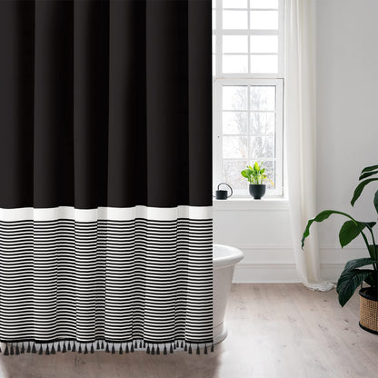 Seasonwood Black and White Shower Curtain Striped with Tassels for Bathroom Decor,Heavy Weighted 72-Inch, 72 x 72