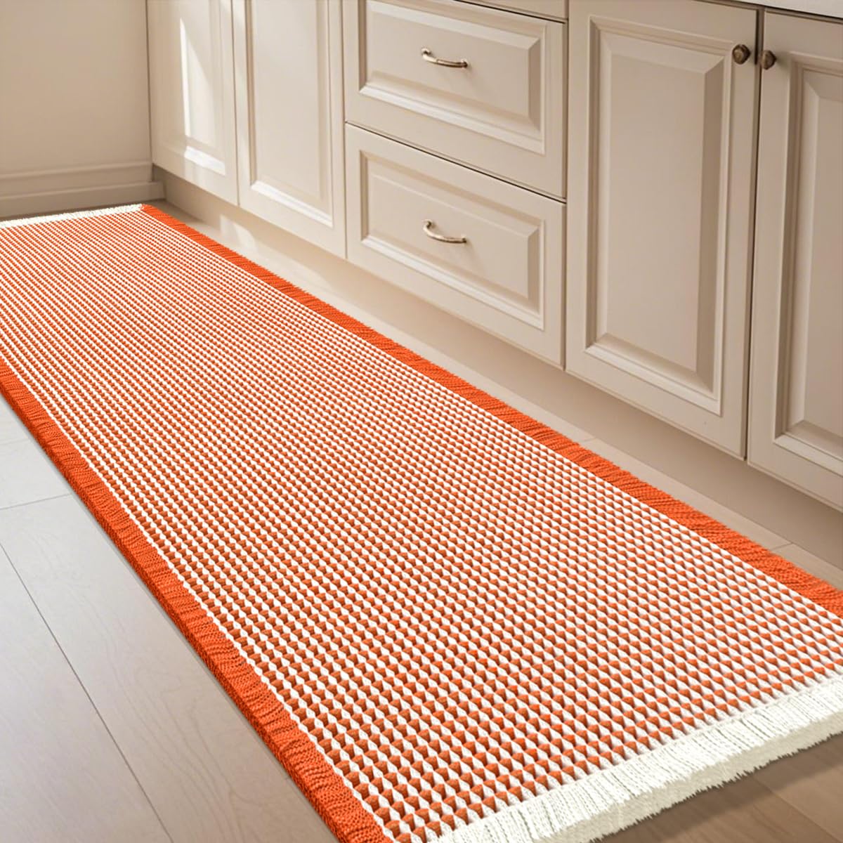 IM HOME Waffle Bath Mat Beige 32"x20", Boho Woven Modern Bath Mat Rugs, Absorbent Non Slip Bathroom Rugs, Soft Washable Bath Rugs with Tassels for Bathroom, Bedroom, Kitchen, Shower, Tub